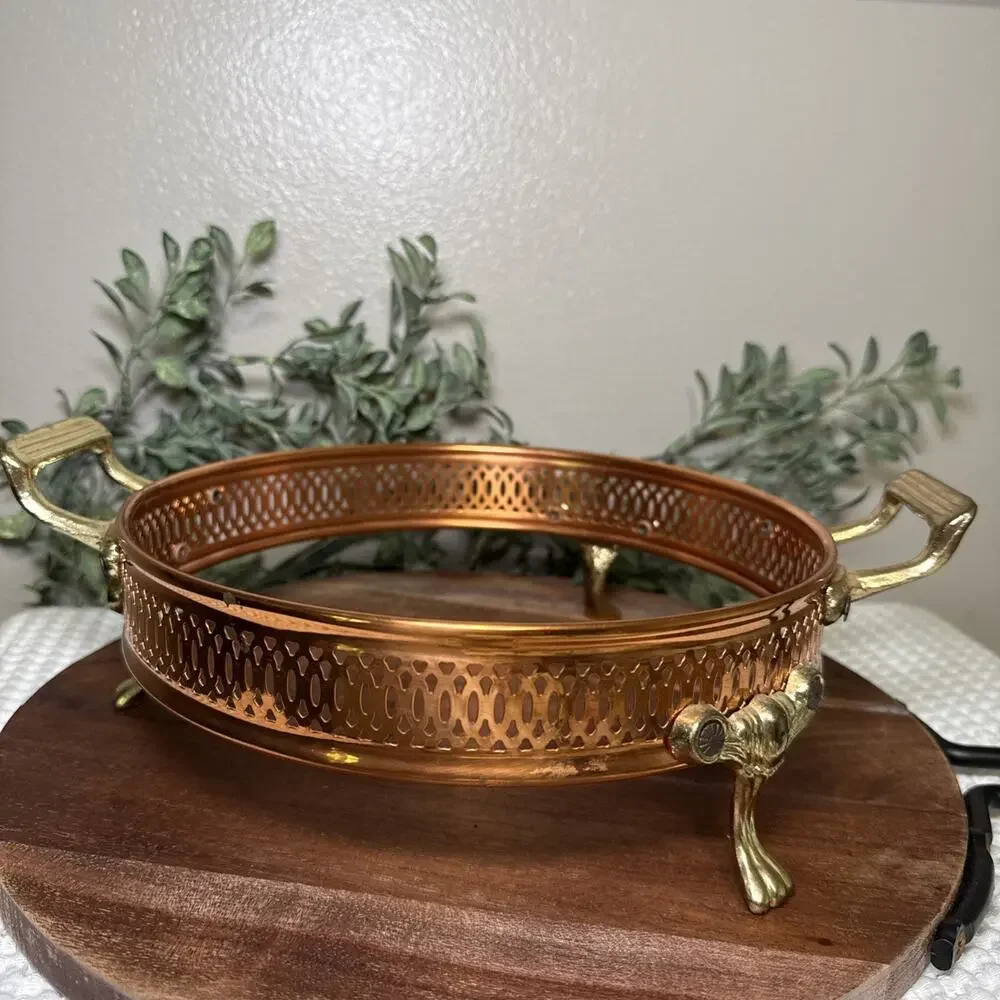 Copper Brass Gallery Bowl Holder Casserole Stand Footed Hollywood Regency Vtg